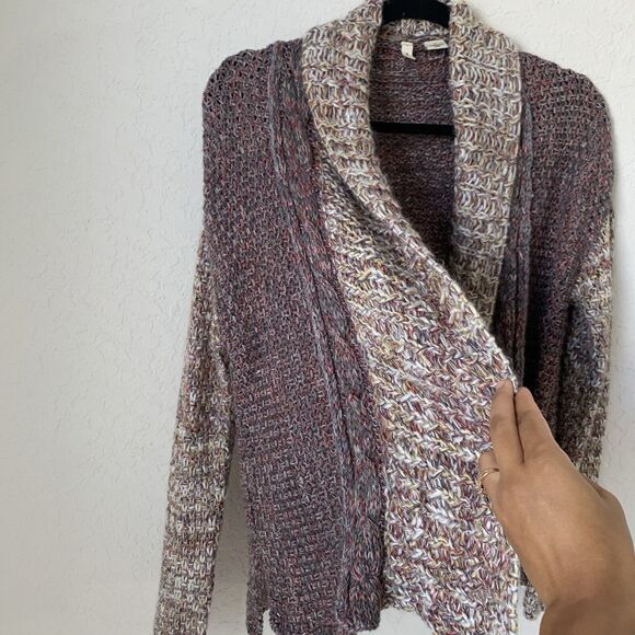 Anthropologie Moth Cardigan Sweater S Gray Tan Red Shimmer Knit Open Front Boho - Picture 4 of 10